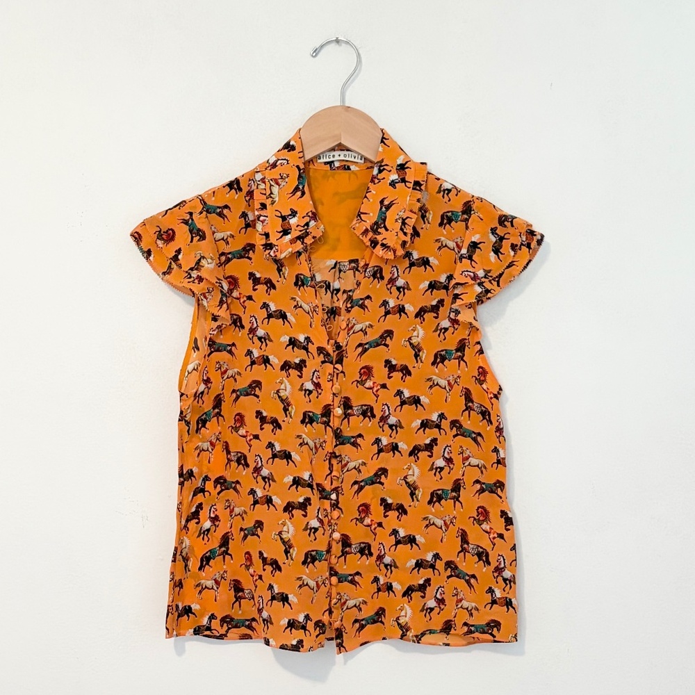 Alice + Olivia Martell Horse Print Orange Silk Flutter Sleeve Blouse size XS